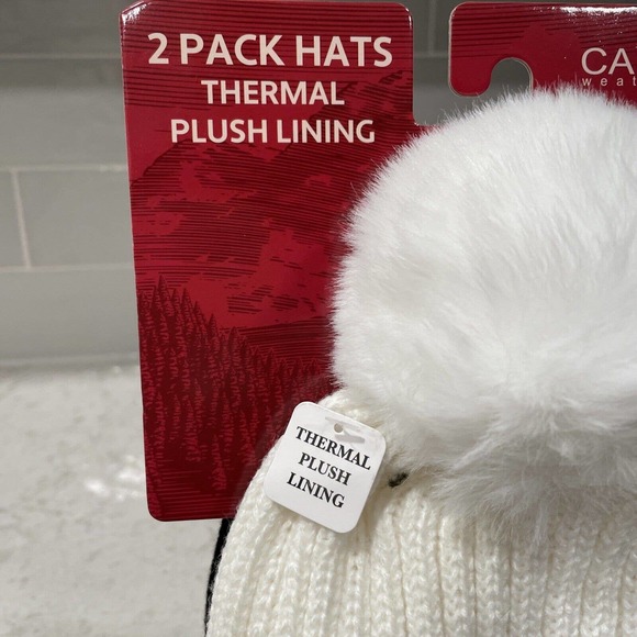 2 Pack CANADA WEATHER GEAR Thermal Plush Lined Winter Hats IVORY & BLACK Pom $40 - Picture 3 of 8